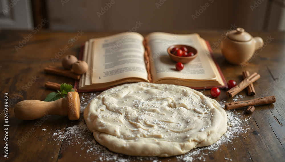 Fototapeta premium Rustic Thanksgiving pie preparation with rolled dough, old recipe book and cranberries on wooden table.