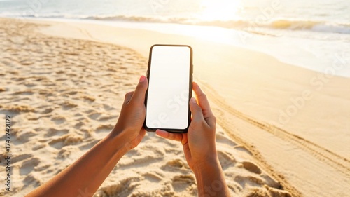 Female hands holding a phone on a sandy beach background mockup