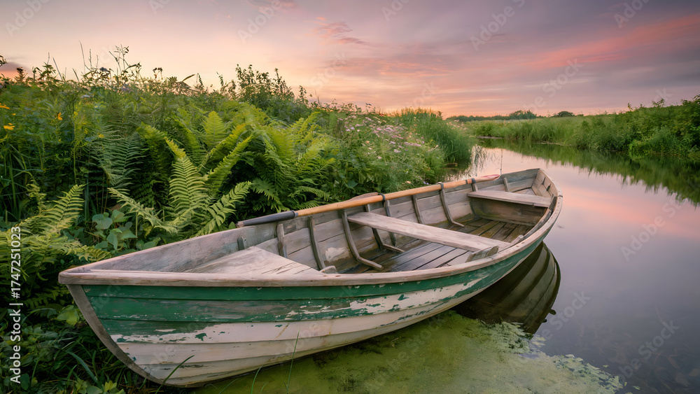 Obraz premium Sunset Over Riverbank Showcasing Weathered Teal Rowboat, Emerald Foliage, and Soft Pastel Hues - landscape art