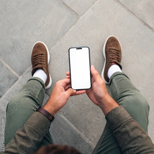 Male hands holding phone top view mockup