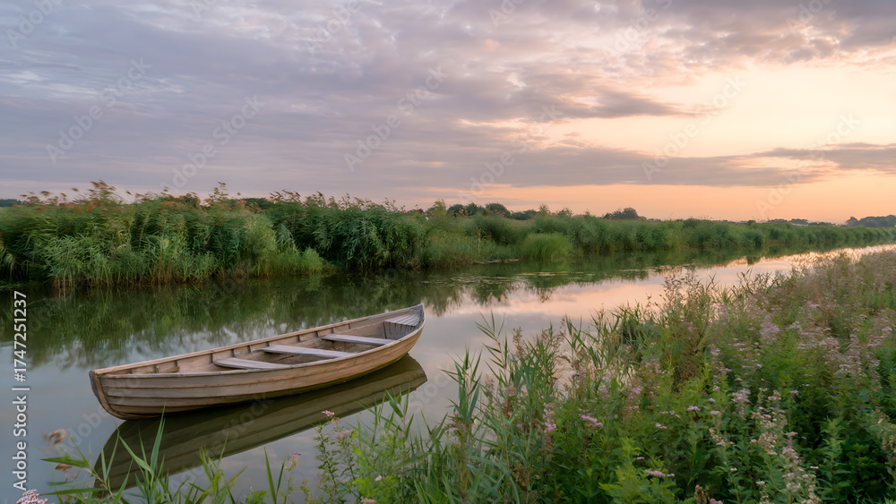 Obraz premium River Scene at Dusk with a Rustic Teal Boat, Lush Ferns, and a Beautiful Blend of Sunset Colors - tranquil nature image