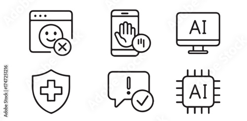 Artificial Intelligence, Digital Technology and Cyber Security Icons Collection Showing AI Chip Computer Interface Protection Shield and Mobile Communication Concept Design