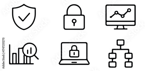 Cybersecurity Icons, Data Protection and Network Security Collection Showing Privacy Shield Lock Computer Analysis Encryption Chart and System Management Design Concept