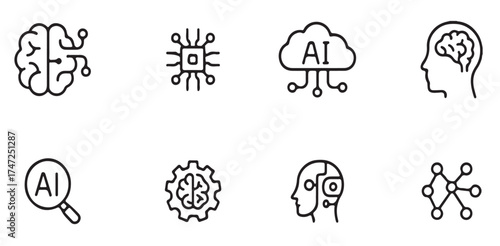 Artificial Intelligence, Machine Learning and Digital Innovation Collection Showing Brain Circuit AI Chip Cloud Network Automation Technology and Smart Human Thinking Design Concept