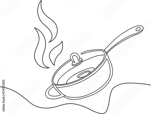 Minimalist continuous line art of a cooking pan isolated on a white background