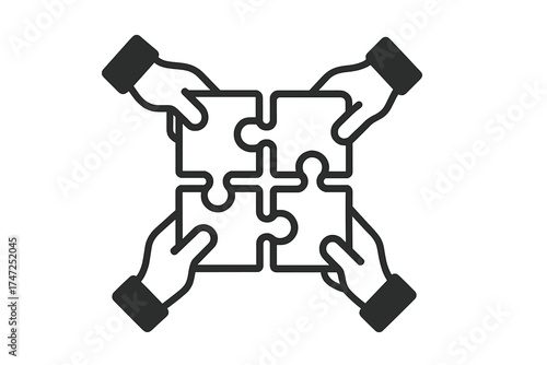 Teamwork icon with four hands assembling puzzle pieces into a complete puzzle, vector illustration symbolizing collaboration, unity, creativity, collective effort, partnership, and problem solving
