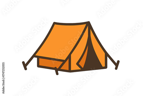 Bright orange camping tent icon in flat style, cartoon vector illustration, outdoor vacation symbol with transparent background, camping equipment design, travel and adventure gear concept