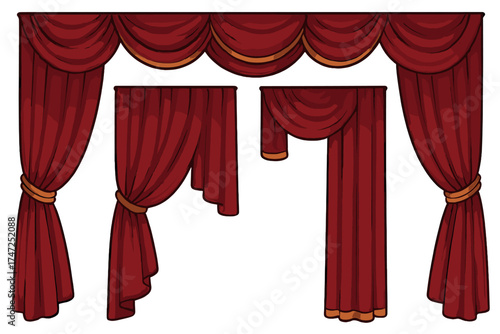 Elegant Red Theatre Curtains Set, Velvet Stage Drapes, Decorative Opera Drapery with Gold Trim, Classic Vintage Style, Vector Cartoon Illustration, Transparent Background