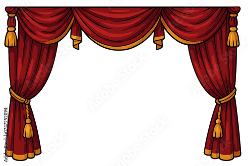 Elegant Red Theatre Curtains Border with Gold Tassels, Decorative Opera Stage Velvet Cloth, Vector Cartoon Illustration with Transparent Background for Stage Design