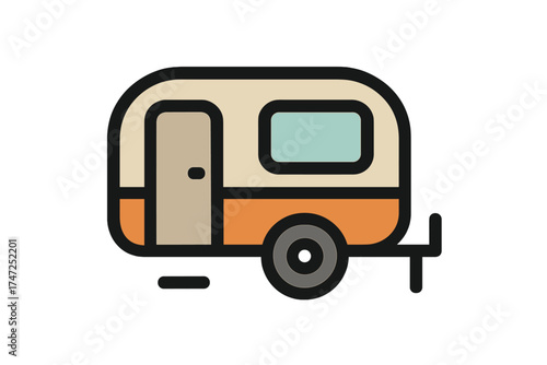 Retro style camping trailer icon flat vector illustration, travel trailer cartoon symbol with window and door, outdoor caravan isolated on transparent background