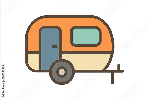 Retro Camper Trailer Icon in Flat Style, Cartoon Camping Symbol with Transparent Background, Outdoor Travel and Vacation Vector Illustration, Adventure Caravan Design