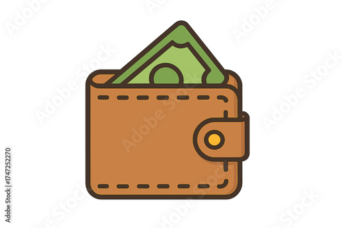 Wallet icon flat style, finance symbol with dollar bill, cartoon vector illustration, brown leather wallet with green money, transparent background, finance and payment concept