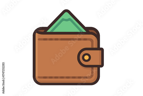 Wallet icon flat style finance symbol with cash money, vector cartoon illustration of leather purse with bill, payment, savings and budgeting concept, transparent background