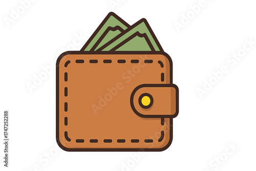 Brown Leather Wallet Icon with Cash Inside, Flat Style Finance Symbol, Cartoon Vector Illustration, Transparent Background, Money, Payment, Savings Concept