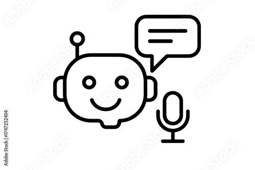 Friendly chatbot smiley robot face with microphone and speech bubble, vector thin line illustration for AI customer service, virtual assistant technology, online communication, and digital help desk