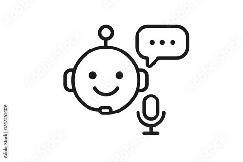 Smiley chatbot robot face icon with microphone and speech bubble, thin line vector illustration for AI customer service, virtual assistant technology, digital communication