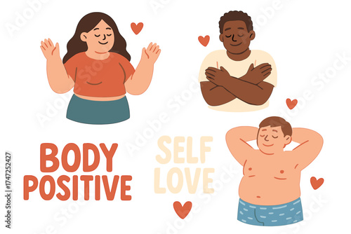 Body positive sticker set. Self love and acceptance concept. Diverse people, fat man woman. Motivational phrase. Psychology mental health wellbeing vector illustration collection.