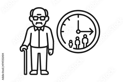 Elderly man with cane standing next to life timeline clock, vector thin line illustration for aging process, lifespan journey, time management, senior care concept, elderly health