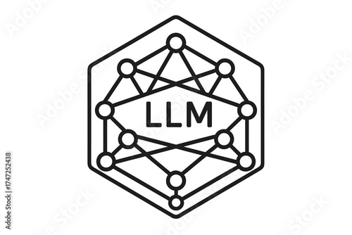 Large Language Models LLM neural network hexagon icon, thin line vector illustration representing AI, machine learning technology, artificial intelligence graphic element