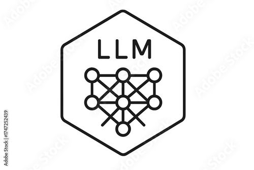 Large language models LLM neural network icon in hexagon shape, thin line vector illustration for AI, artificial intelligence technology, machine learning concept graphic design element