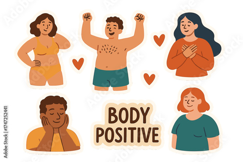 Body positive sticker set with diverse people. Flat vector illustration of multicultural men and women. Self-love, acceptance, and mental health concept. My body my rules.