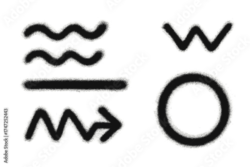 Set of grunge ink sprayed strokes and textured vector elements. Urban graffiti style abstract decoration with waves, zigzag lines, and circles for design and artistic backgrounds.