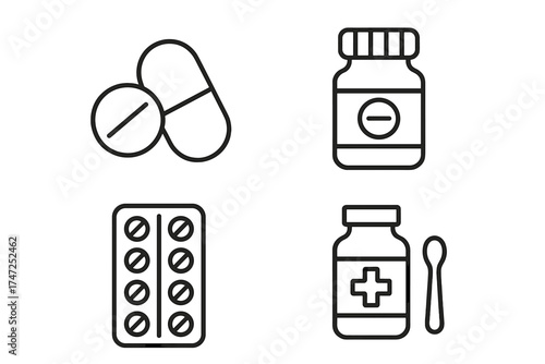 Medical and pharmacy icon set. Simple linear vector illustration of meds and treatment. Pills, capsule, bottle, syrup, and blister pack. Healthcare and medicine concept.