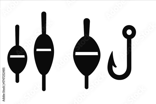 Fishing bait icon silhouette vector set, cartoon style fishing float bobbers and fish hook illustration, isolated transparent background, fishing gear symbols