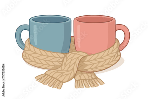 Cozy winter composition of two mugs in blue and pink colors wrapped together in a warm knitted beige scarf, symbolizing warmth, friendship, and coffee tea party atmosphere in flat style
