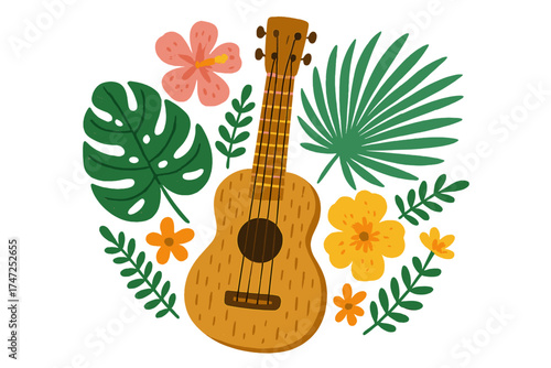Hand drawn vector illustration of a ukulele with tropical palm and monstera leaves. Hawaiian acoustic music concept for summer party poster, aloha luau event banner design.