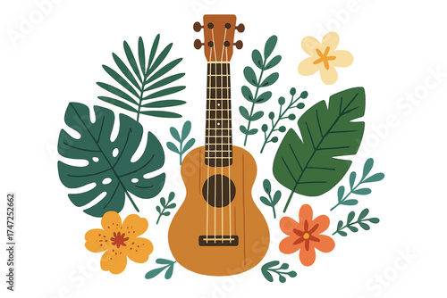 Ukulele and tropical leaves. Hawaiian guitar with flowers and palm leaf. Summer music festival poster concept. Acoustic instrument for concert banner. Vector flat illustration.