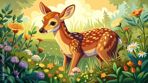 Very beautiful white-tailed deer fawn gently smelling flowers in a lush meadow, vector-style illustration highlighting soft fur textures, vibrant flora, and peaceful natural wildlife atmosphere.