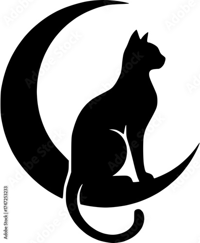 Silhouette of a Cat Sitting Peacefully on a Crescent Moon Under a Starry Sky
