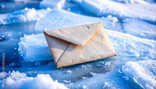 A Weathered Envelope Frozen on Ice with Crystals and Snowflakes under Harsh Arctic Blue Light