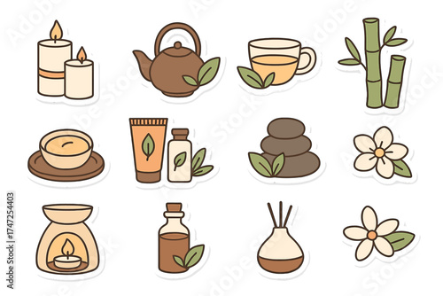 Spa salon and wellness cartoon icon set for relaxation & self-care. Bundle with aromatherapy, massage stones, herbal tea, bamboo, natural cosmetics, and candles. Zen harmony.