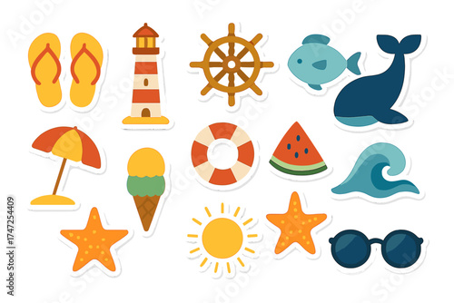 Summer stickers set in flat design. Collection of beach and ocean labels with lighthouse, ship wheel, whale, wave, sun, ice cream, watermelon, sunglasses, and flip flops.