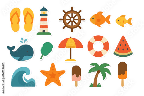 Summer sticker collection in flat design. Cute beach vacation and travel icon set with whale, lighthouse, palm tree, ice cream, ship wheel, wave, and starfish symbols.