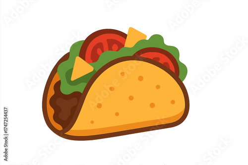 Taco vector illustration. Mexican food flat icon for menu design. Traditional fast food lunch. Cartoon taco with tortilla shell, meat, lettuce, cheese. Cinco de Mayo celebration.
