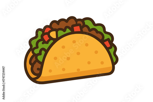 Taco vector icon with tortilla shell, meat, and lettuce. Mexican food flat illustration. Traditional fast food for lunch or dinner. Simple cartoon graphic isolated on white.