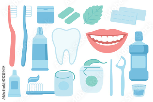 Dental care and oral hygiene vector icon set. Flat cartoon illustration collection of tooth, smile, toothbrush, toothpaste, floss, mouthwash, whitening strips, mint, and gum.