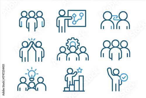 Teamwork icons set for business collaboration. Pictograms of team, planning, connection, cooperation, optimization, work group, and solution. Duotone outline stroke design vector.