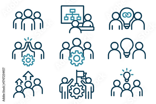 Teamwork icons set for business and web. Line pictogram pack of cooperation, planning, connection, optimization, work group, solution, innovation, strategy and brainstorming.