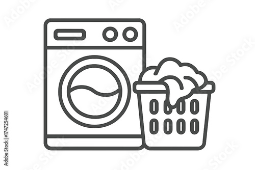 Washing machine with laundry basket icon. Vector outline illustration of washer and dirty clothes. Home appliance laundry symbol for cleaning, household chores, washing day design.