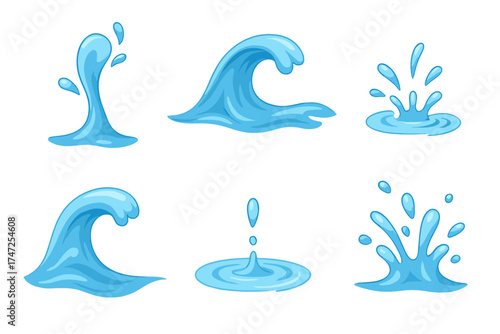 Set of fresh clean water splashes, drops, and ocean waves isolated elements, pure aqua liquid shapes, dynamic blue water splash collection, vector illustrations for nature and marine design