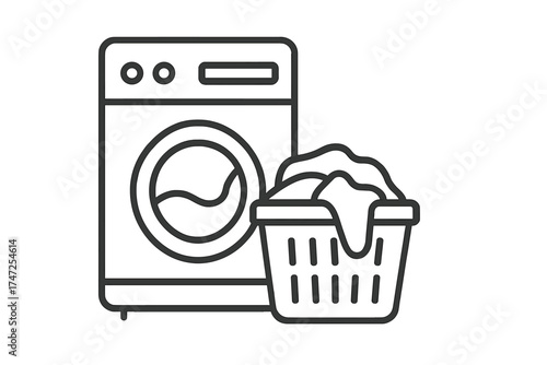 Washing machine with laundry basket vector line icon, outline illustration of washer with dirty clothes, household appliance symbol, laundry room essentials, home cleaning equipment vector