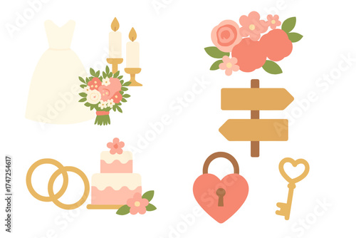 Wedding brochure set with bride dress, floral bouquet, candles, wooden directional signs, wedding rings, festive cake and heart-shaped padlock in flat design style for celebration and romance
