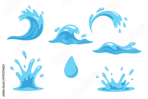 Fresh and clean water splashes and droplets set, isolated aqua elements bundle, pure blue water waves and liquid shapes, ocean splash vector collection, natural fluid design