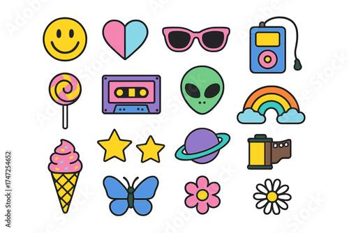 Colorful Y2K flat design sticker set with smiley face, heart, sunglasses, cassette, alien, rainbow, ice cream, stars, planet, camera film, lollipop and butterfly icons, fun retro collection
