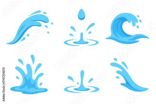 Set of fresh water splashes, drops, waves, and liquid shapes, pure blue aqua elements, isolated ocean water vector collection, clean fluid dynamic motion design