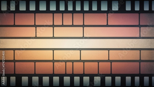 Vintage film strip background with gradient color blocks. Nostalgic cinematic design, effect with faded texture.
